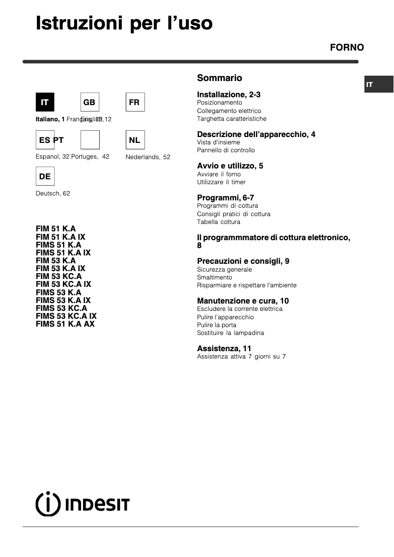Page 1 de la notice Manuel utilisateur Indesit FIMS 53 K.A