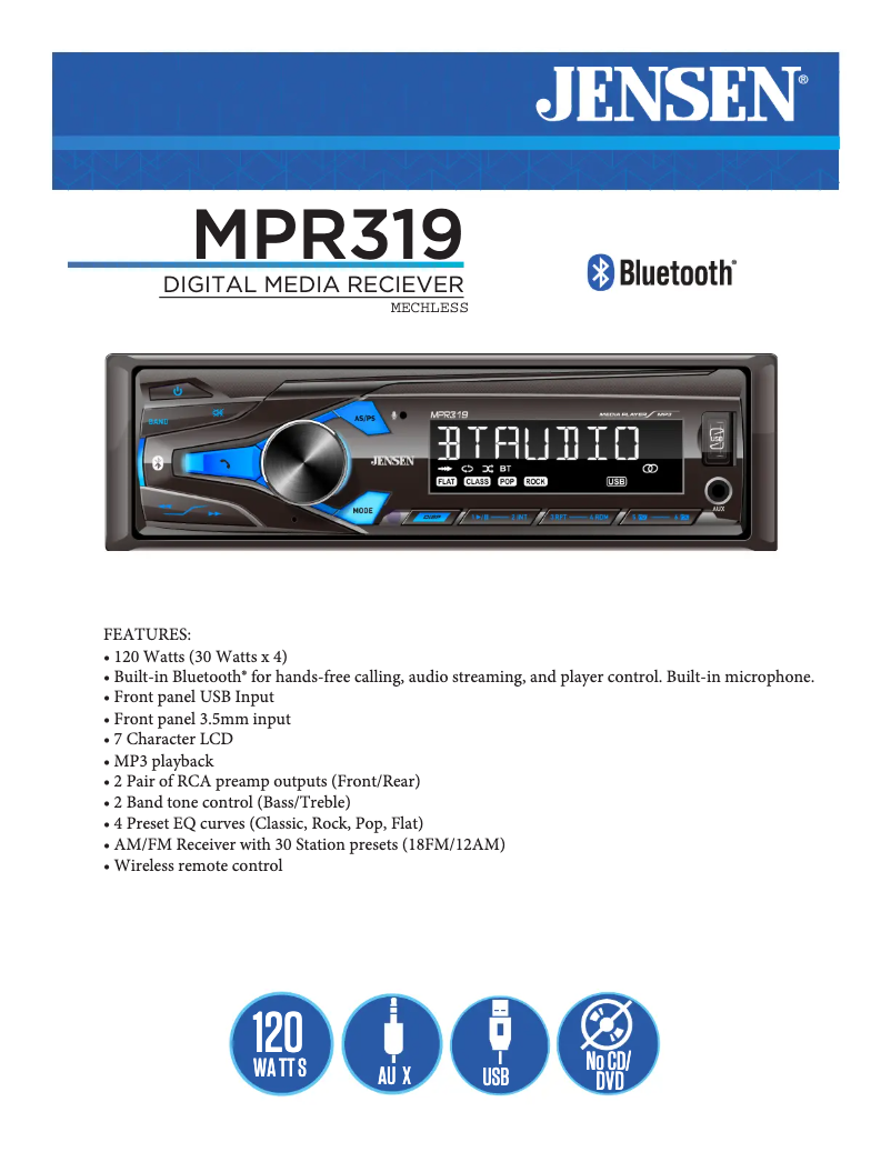 Page 1 de la notice Fiche technique Jensen MPR319