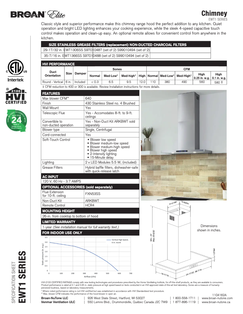 Page 1 de la notice Fiche technique Broan EWT1366SS