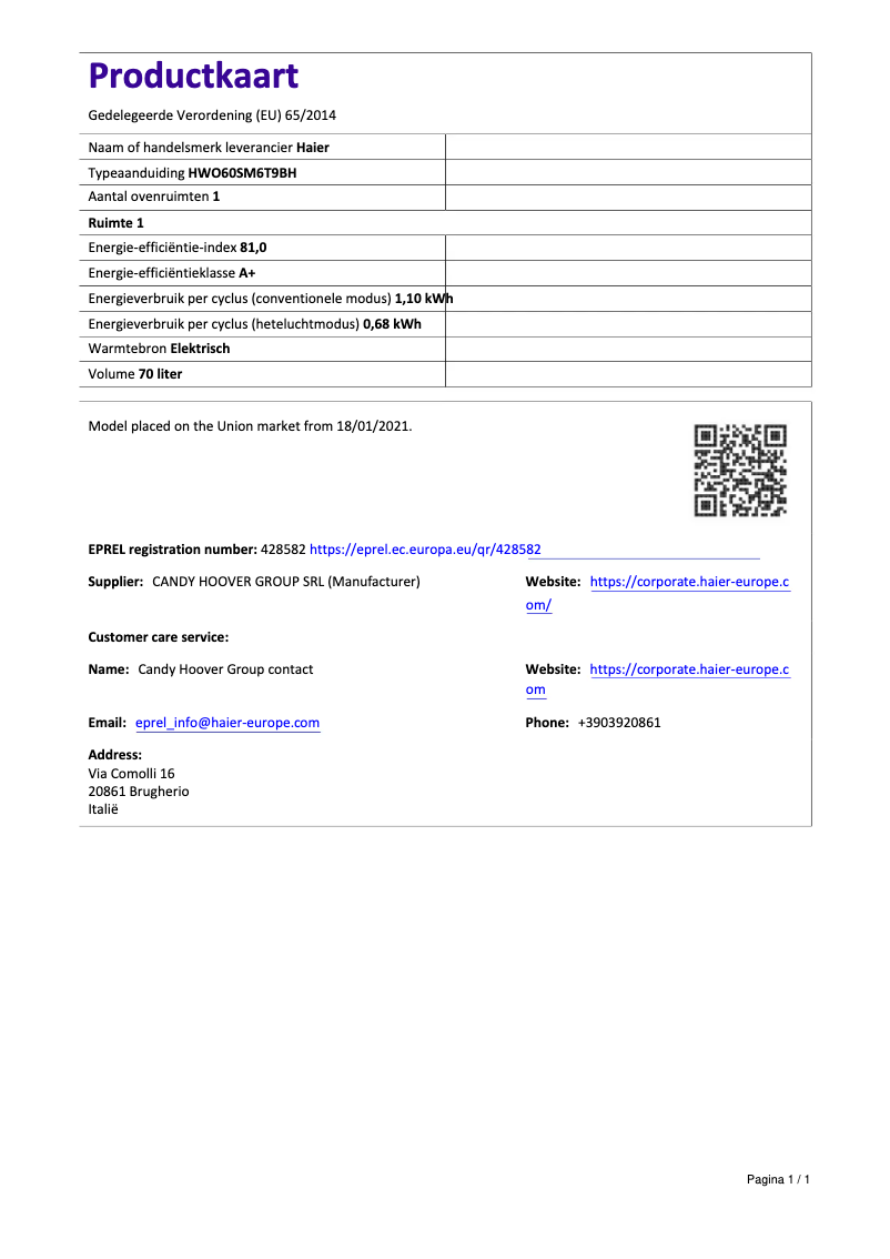 Page 1 de la notice Fiche technique Haier HWO60SM6T9BH
