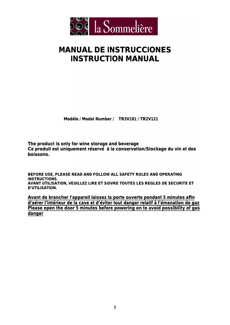 Page 1 de la notice Manuel utilisateur La Sommelière TR2V121