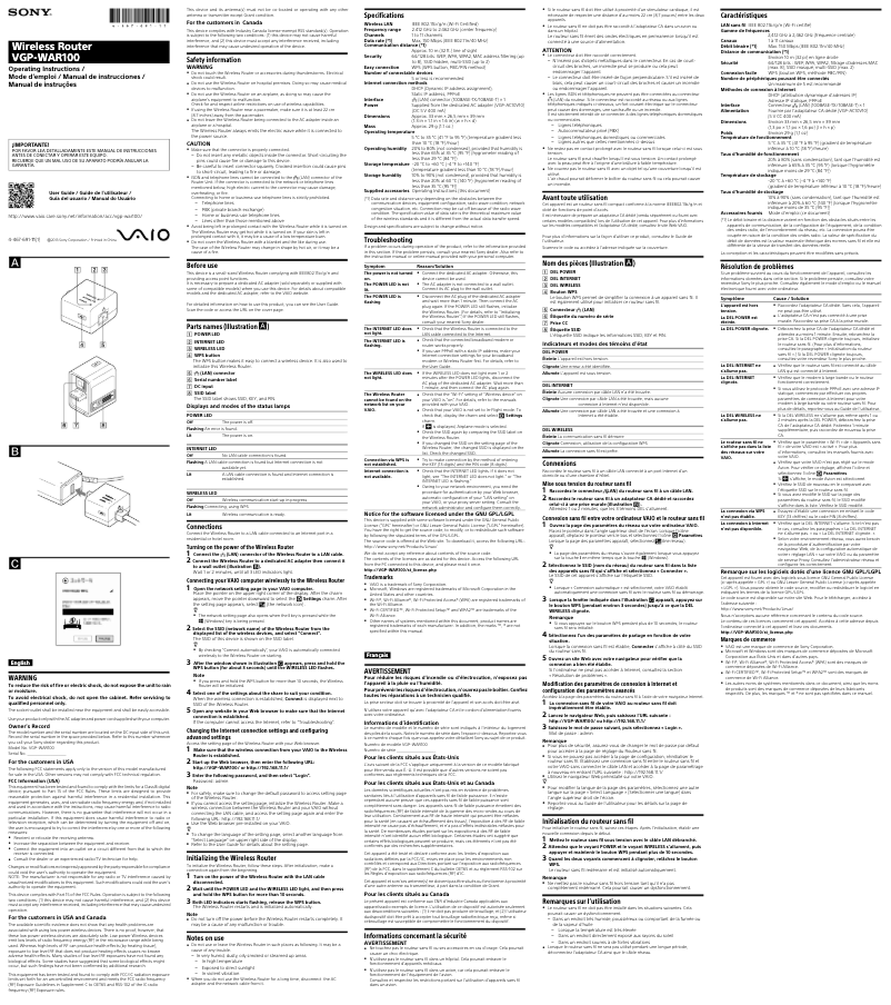 Page 1 de la notice Manuel utilisateur Sony VGP-WAR100