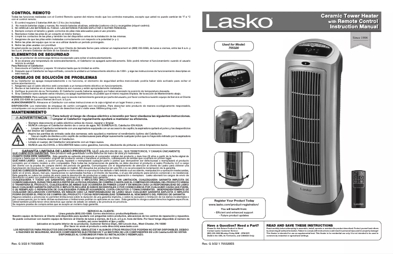 Page 1 de la notice Manuel d'utilisation et d'entretien Lasko 755320
