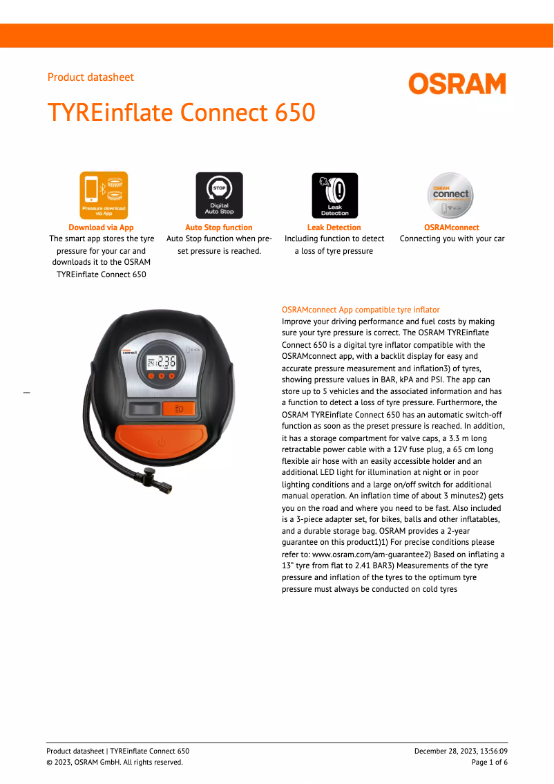 Page n°1 - Fiche technique Osram TYREinflate Connect 650