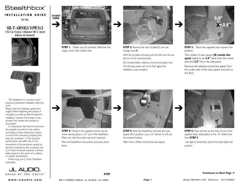 Page 1 de la notice Manuel utilisateur JL Audio Stealthbox SB-T-4RNR2/10W3v3/GA