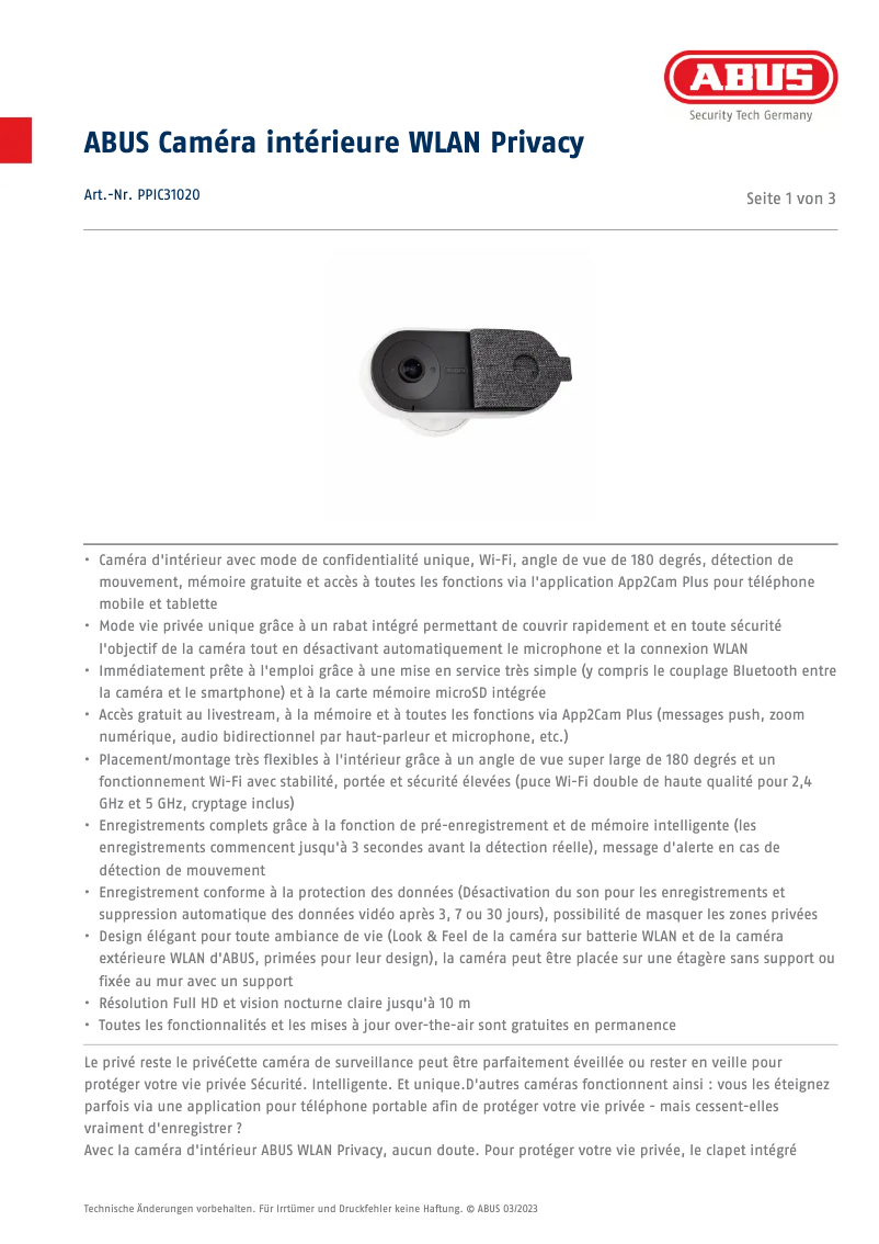 Page n°1 - Fiche technique Abus PPIC31020