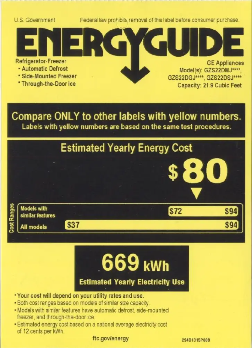 Page 1 de la notice Label énergétique GE GSHF6LGZBB