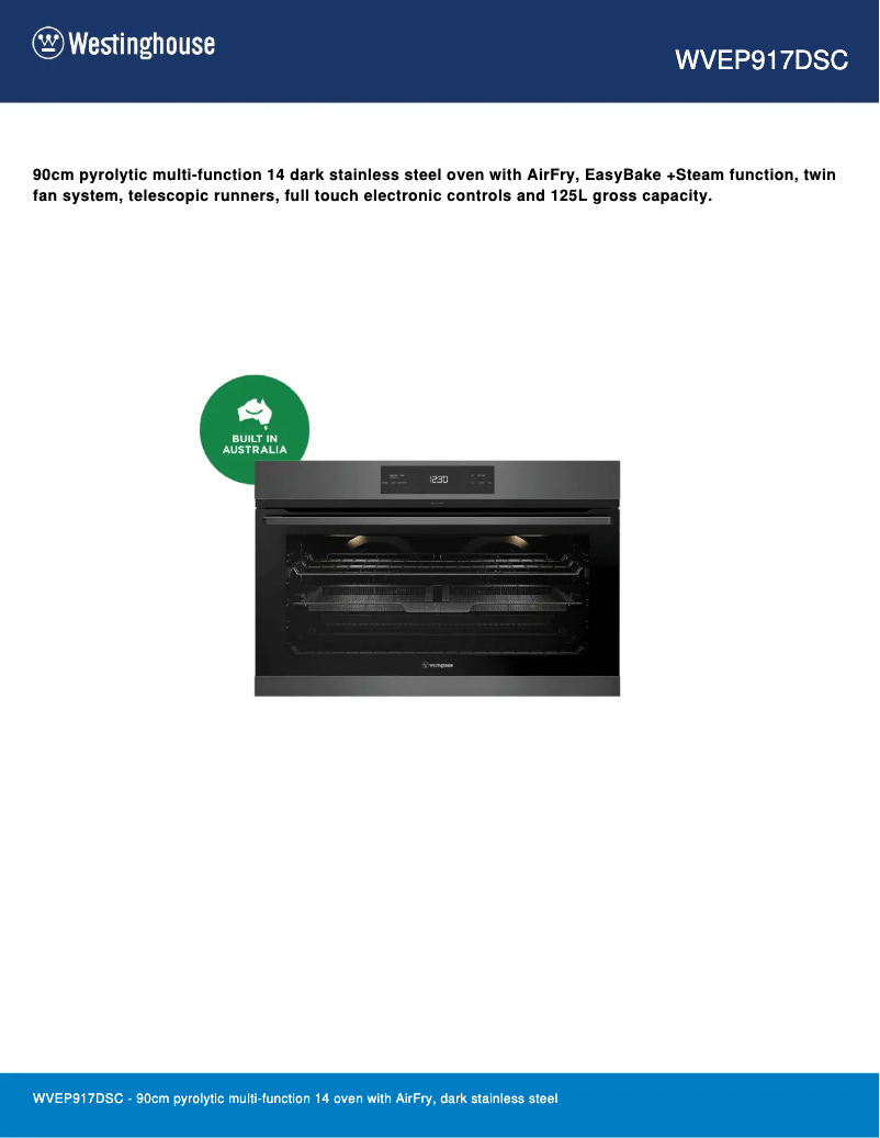 Page 1 de la notice Fiche technique Westinghouse WVEP917DSC