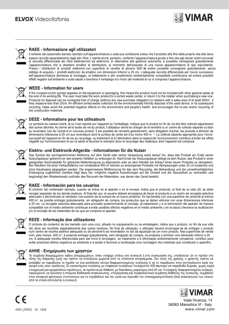 Page 1 de la notice Manuel utilisateur Vimar ELVOX 6158/T
