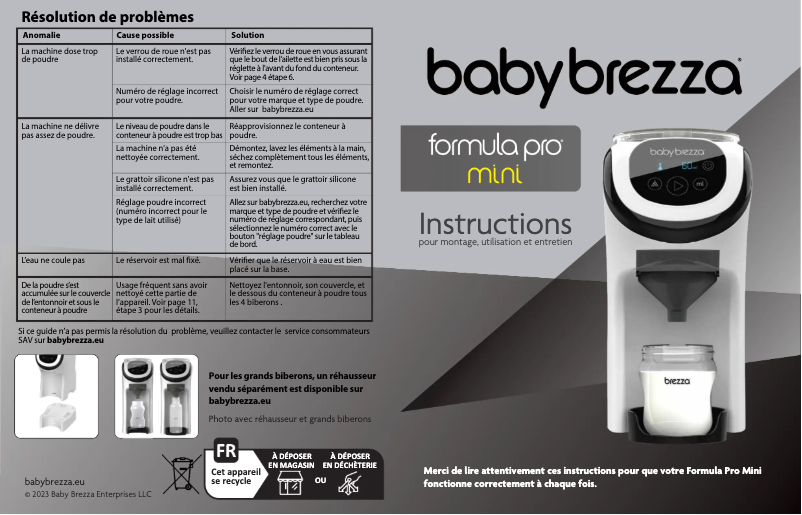 Page 1 de la notice Manuel utilisateur Baby Brezza Formula Pro Mini