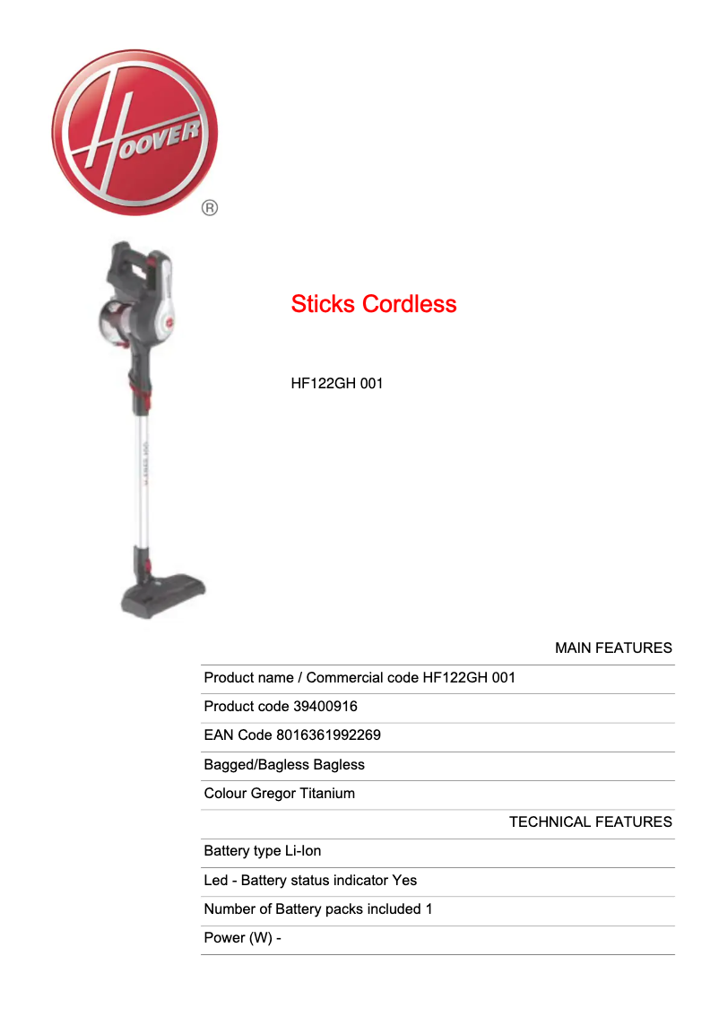 Page n°1 - Fiche technique Hoover H-FREE 100 HF122GH 001