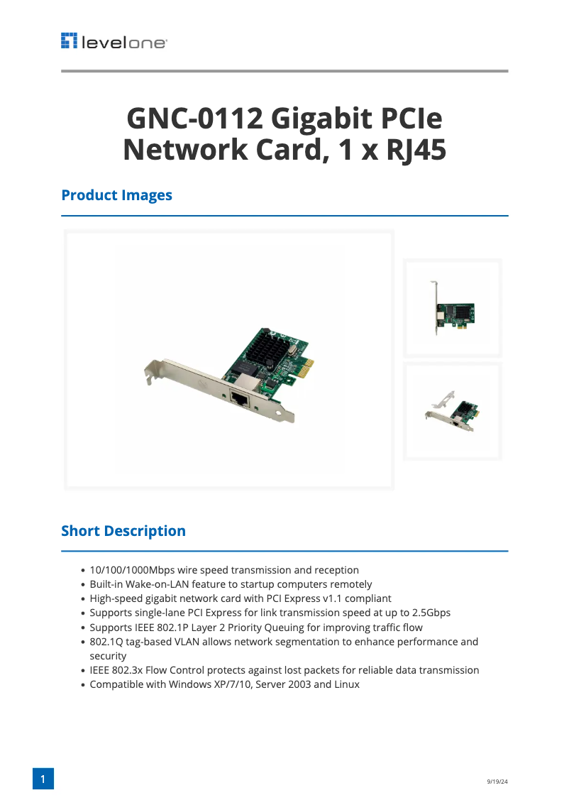 Page 1 de la notice Fiche technique LevelOne GNC-0112