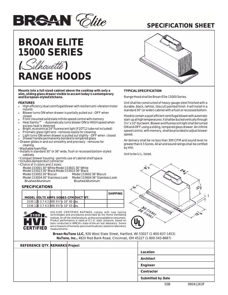 Page 1 de la notice Fiche technique Broan Silhouette 153604