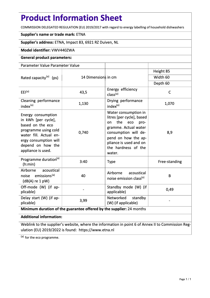 Page 1 de la notice Fiche technique Etna VWV440ZWA
