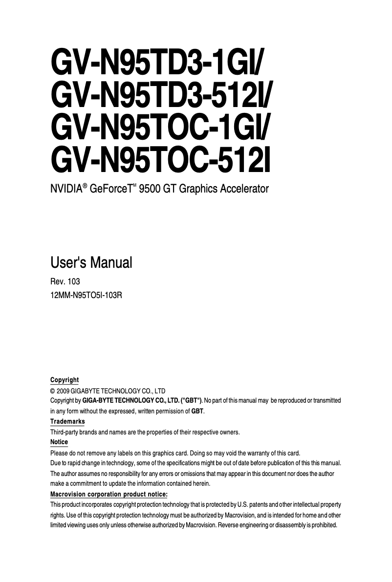 Image de la première page du manuel de l'appareil GV-N95TOC-512I