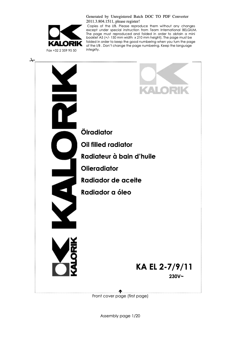 Page 1 de la notice Manuel utilisateur Kalorik KA EL 2-7
