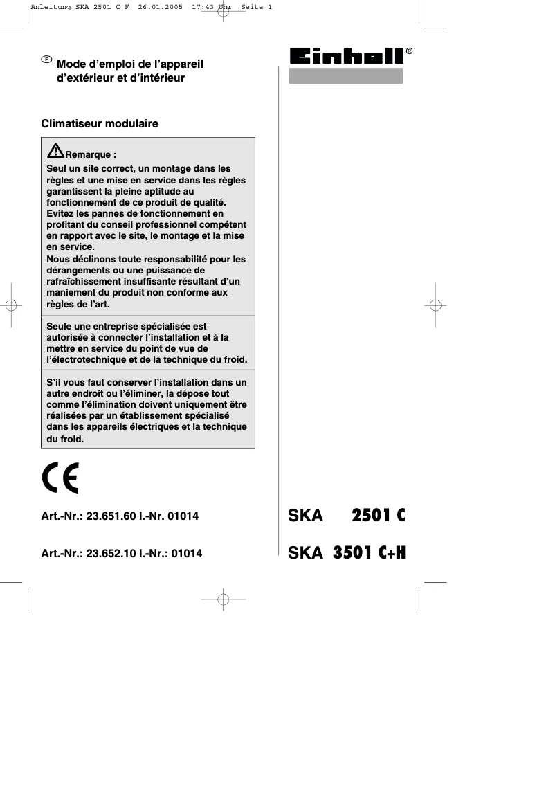 Page n°1 - Manuel utilisateur Einhell SKA 3501 C+H