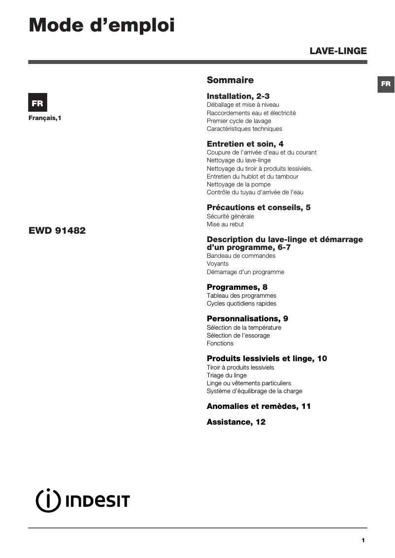Page 1 de la notice Manuel utilisateur Indesit EWD 91482 W FR