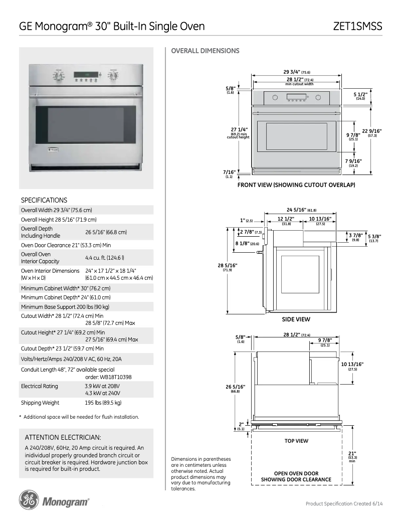 Page n°1 - Fiche technique GE ZET1SMSS