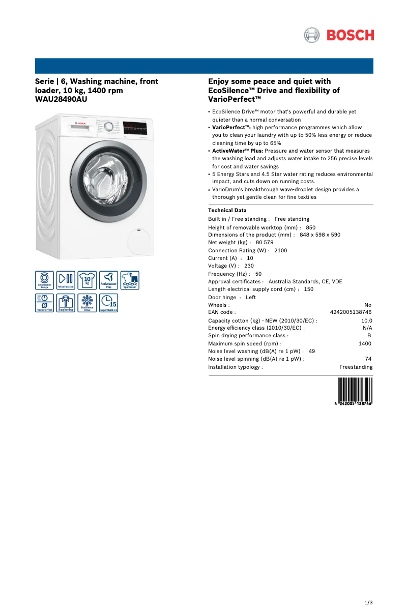 Página 1 del manual Ficha técnica Bosch WAU28490AU