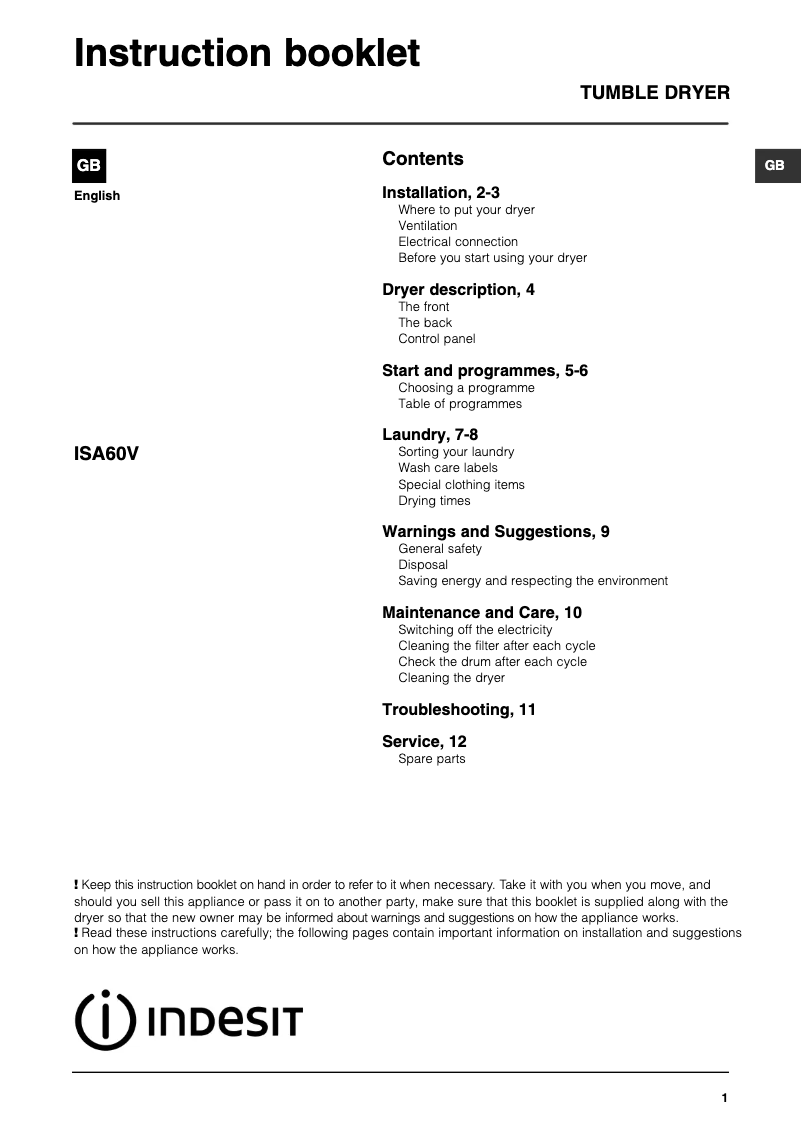 Page 1 de la notice Manuel utilisateur Indesit Isa 60 v