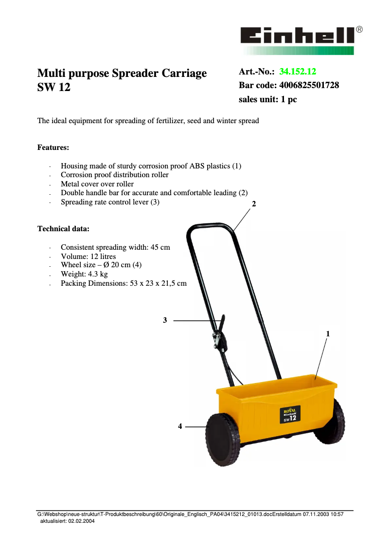 Page n°1 - Fiche technique Einhell SW 12