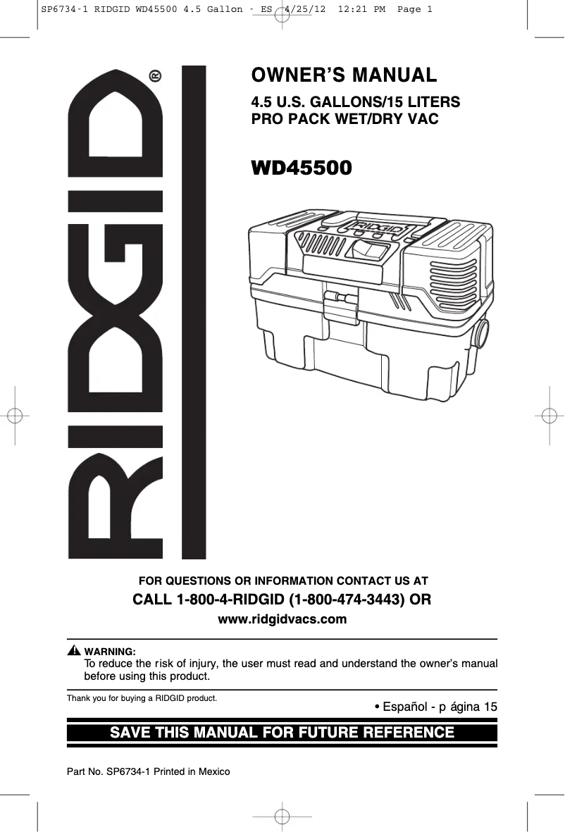 Page 1 de la notice Manuel utilisateur Ridgid ProPack VT1701