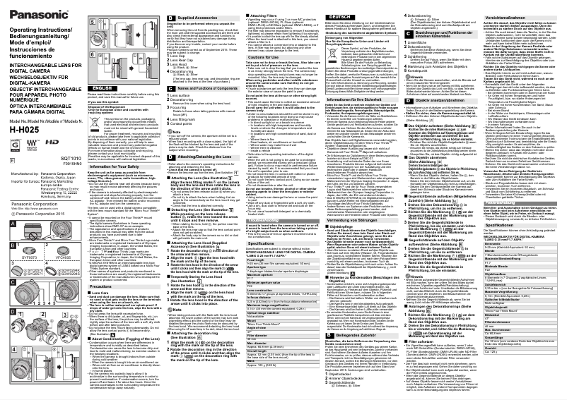Page n°1 - Manuel utilisateur Panasonic Lumix G 25mm f/1.7 ASPH