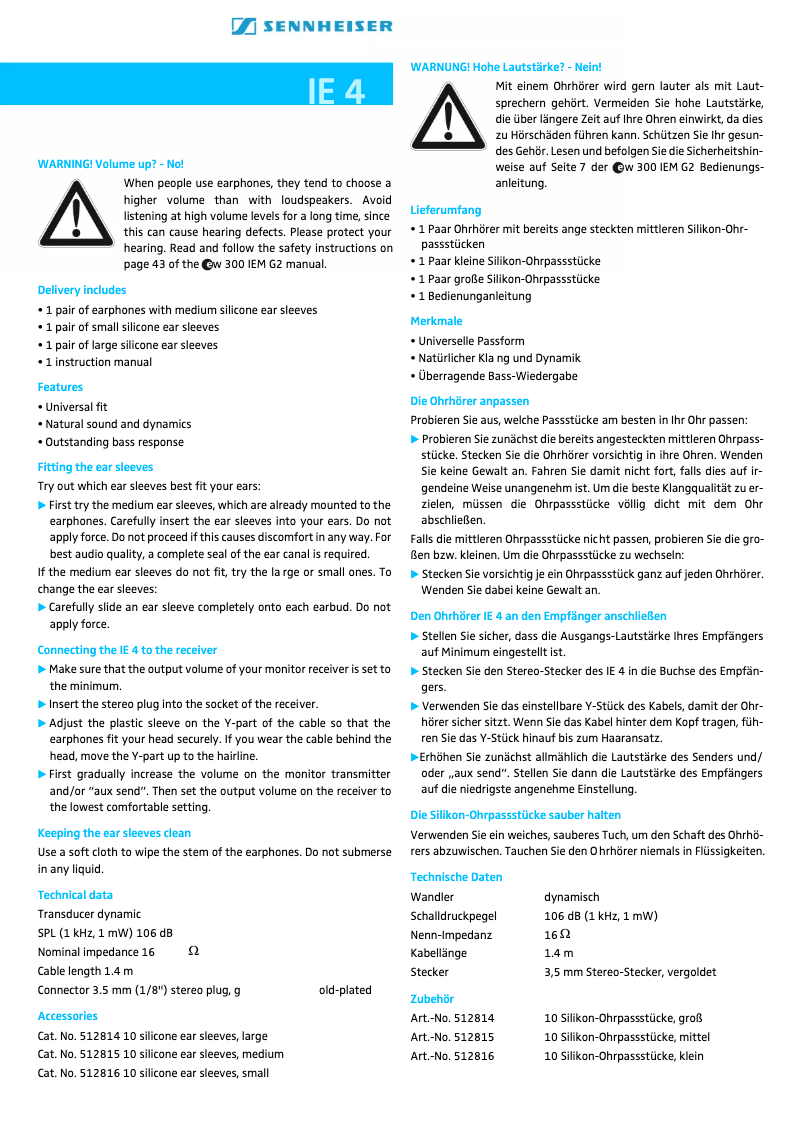 Page 1 de la notice Manuel utilisateur Sennheiser IE 4