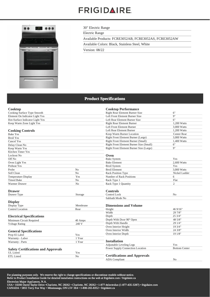 Page 1 de la notice Fiche technique Frigidaire FCRE3052AS