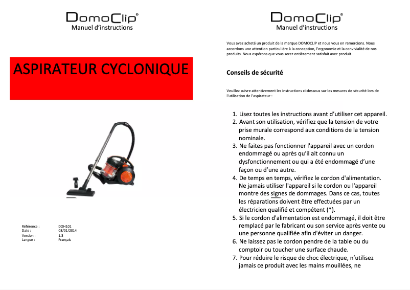 Image de la première page du manuel de l'appareil DOH101