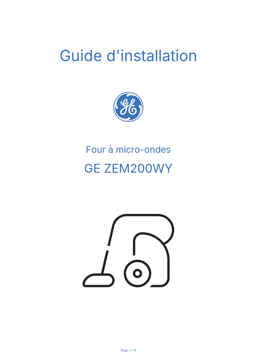 Page n°1 - Guide d'installation GE ZEM200WY