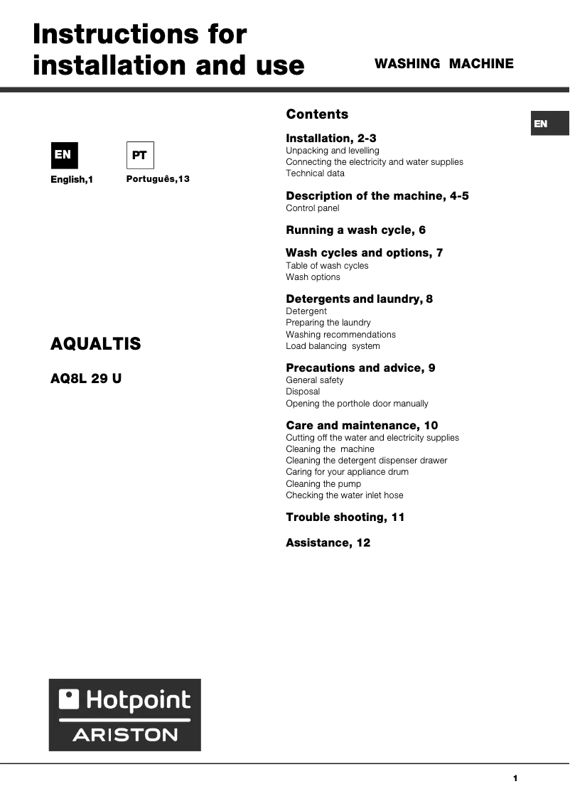 Page n°1 - Manuel utilisateur Hotpoint Ariston AQ8L 29U IT