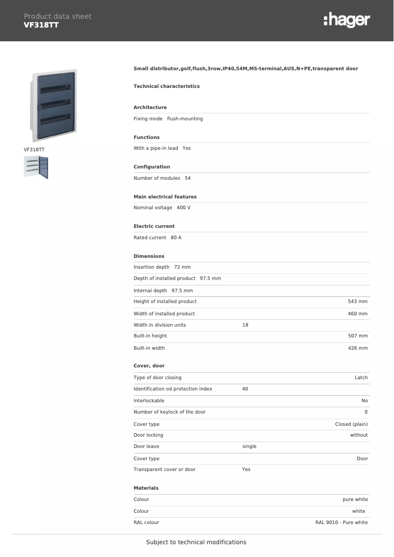 Page n°1 - Fiche technique Hager VF318TT