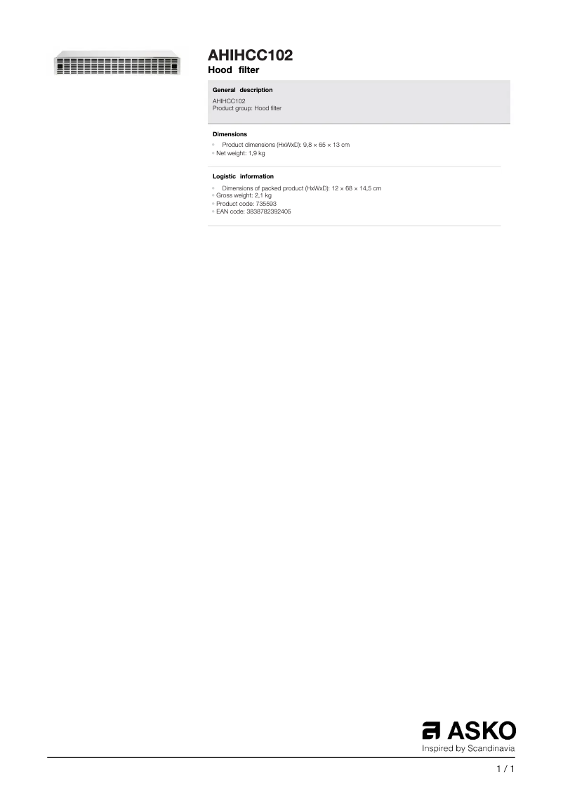 Página 1 del manual Ficha técnica Asko AHIHCC102