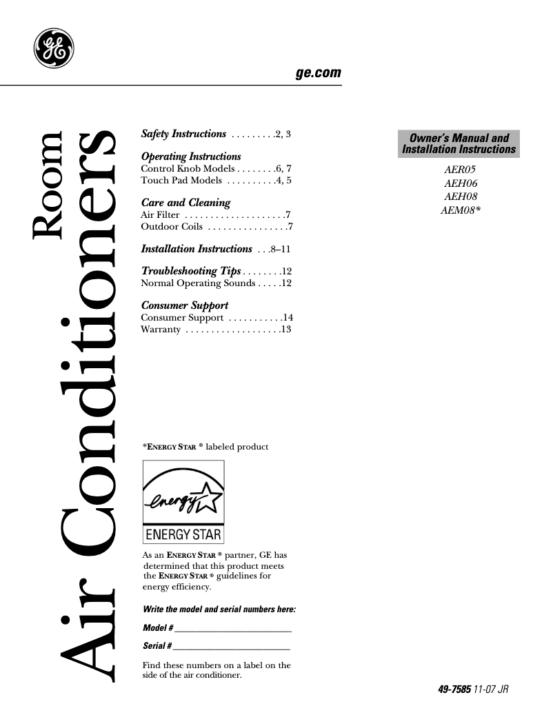 Page n°1 - Manuel d'utilisation et d'entretien GE AEM08FL