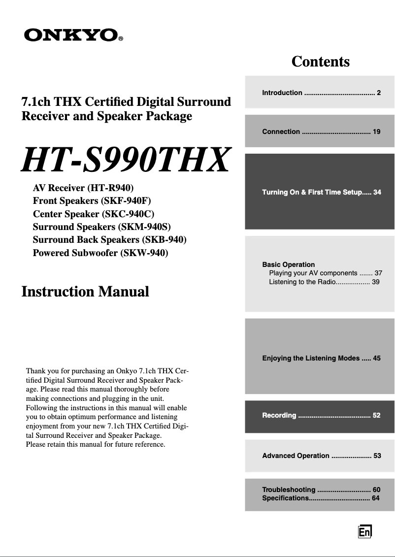 Page 1 de la notice Manuel utilisateur Onkyo SKM-940S