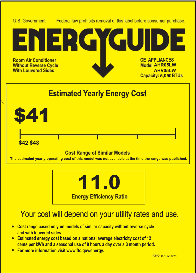 Page 1 de la notice Label énergétique GE AHR05LW