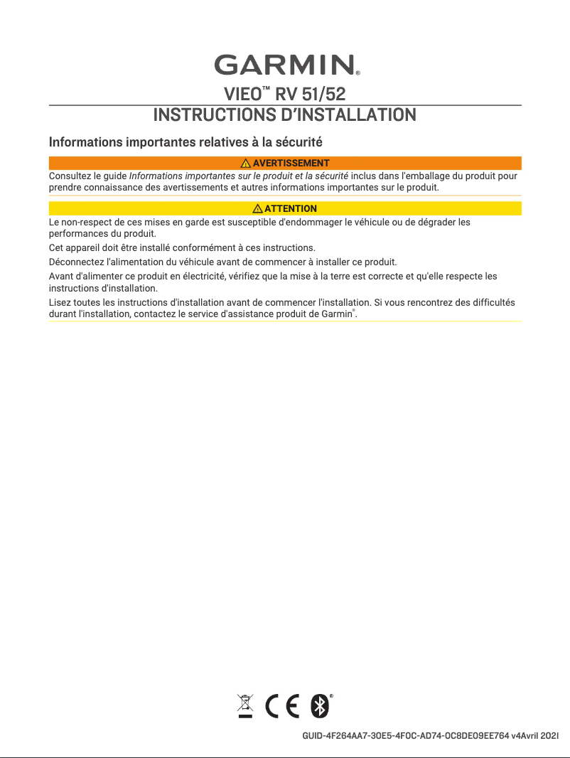 Page 1 de la notice Guide d'installation Garmin Vieo RV 51 Stereo Dock