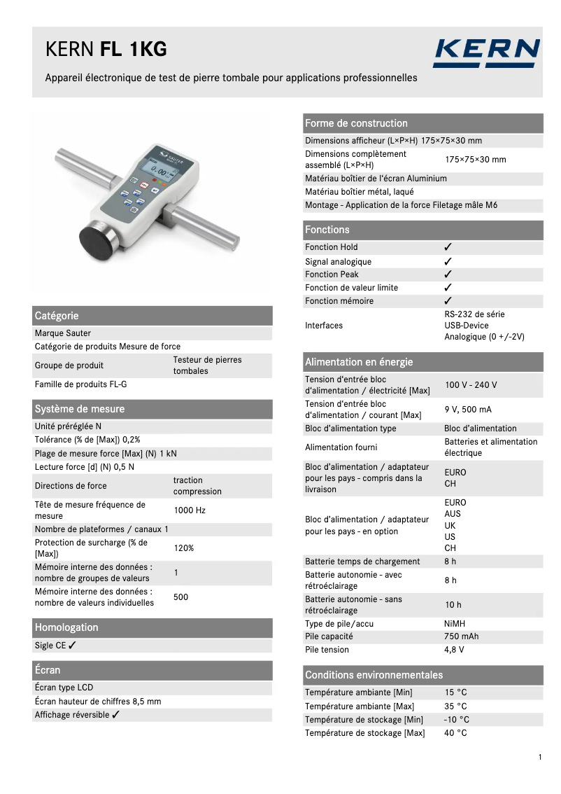 Page 1 de la notice Fiche technique Kern FL 1KG