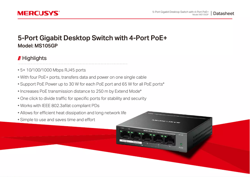 Page 1 de la notice Fiche technique Mercusys MS105GP