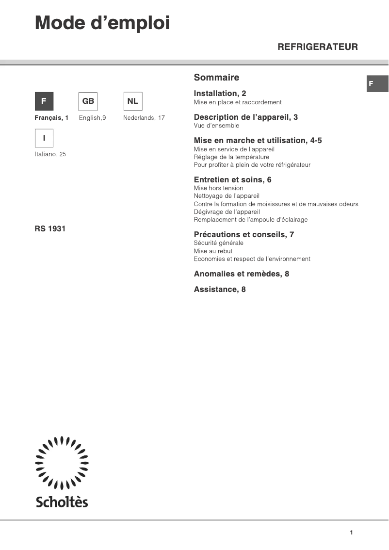 Image de la première page du manuel de l'appareil RS 1931