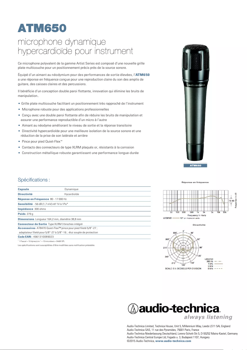 Page 1 de la notice Fiche technique Audio-Technica ATM-650