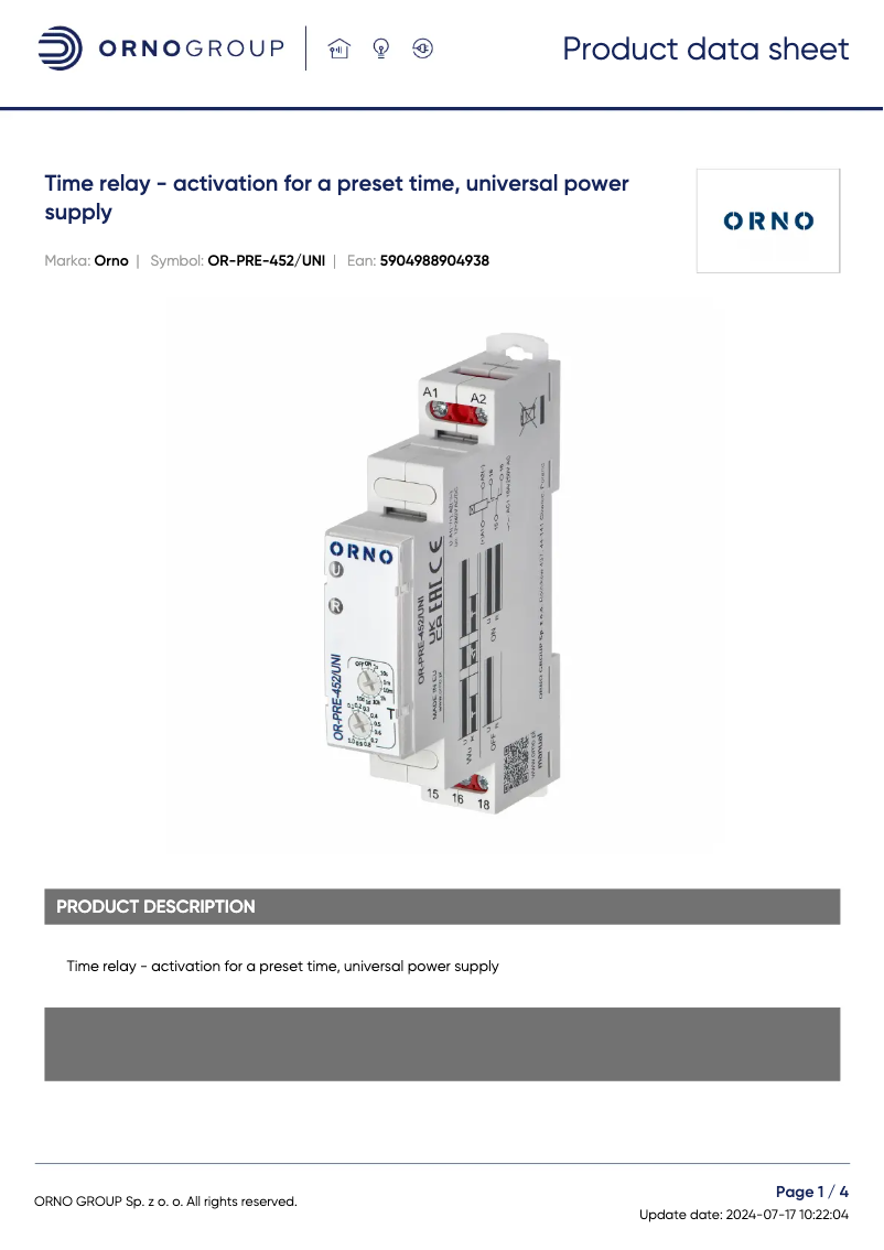 Page 1 de la notice Fiche technique ORNO OR-PRE-452