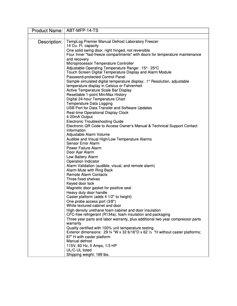 Page 1 de la notice Manuel utilisateur American BioTech Supply ABT-MFP-14-TS