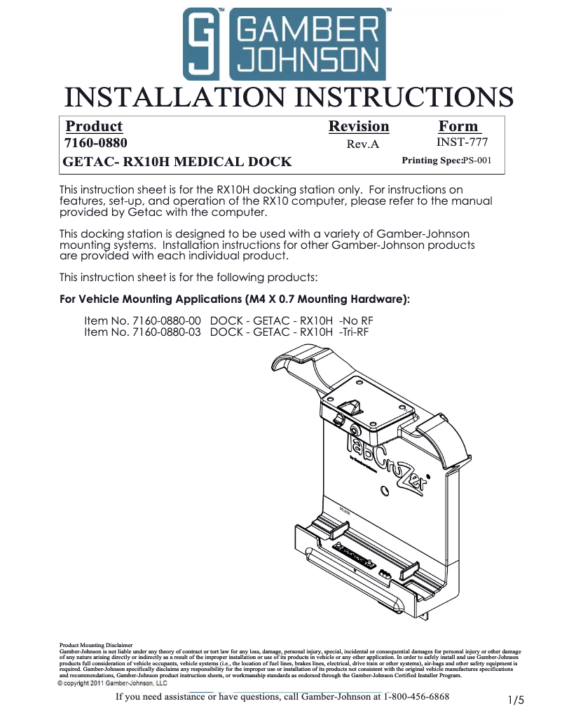 Page 1 de la notice Manuel utilisateur Gamber-Johnson 7160-0880