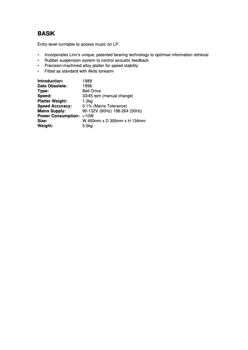 Page 1 de la notice Manuel utilisateur Linn Basik