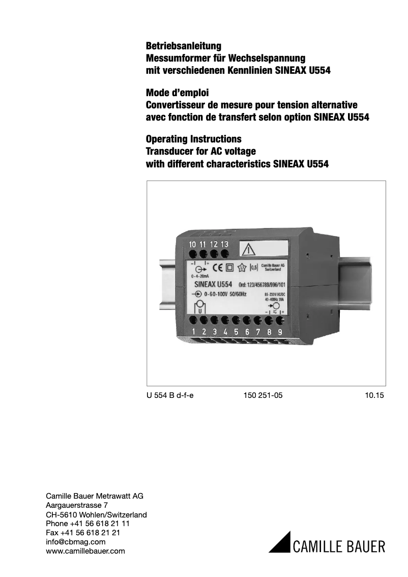 Page 1 de la notice Manuel utilisateur Camille Bauer SINEAX U554
