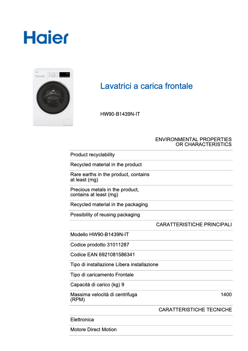 Page 1 de la notice Label énergétique Haier Serie 39 HW90-B1439N