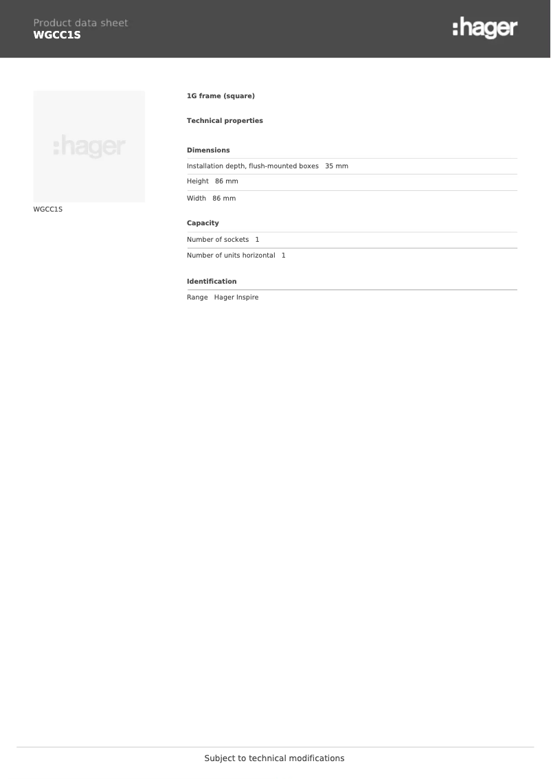Page 1 de la notice Fiche technique Hager WGCC1S
